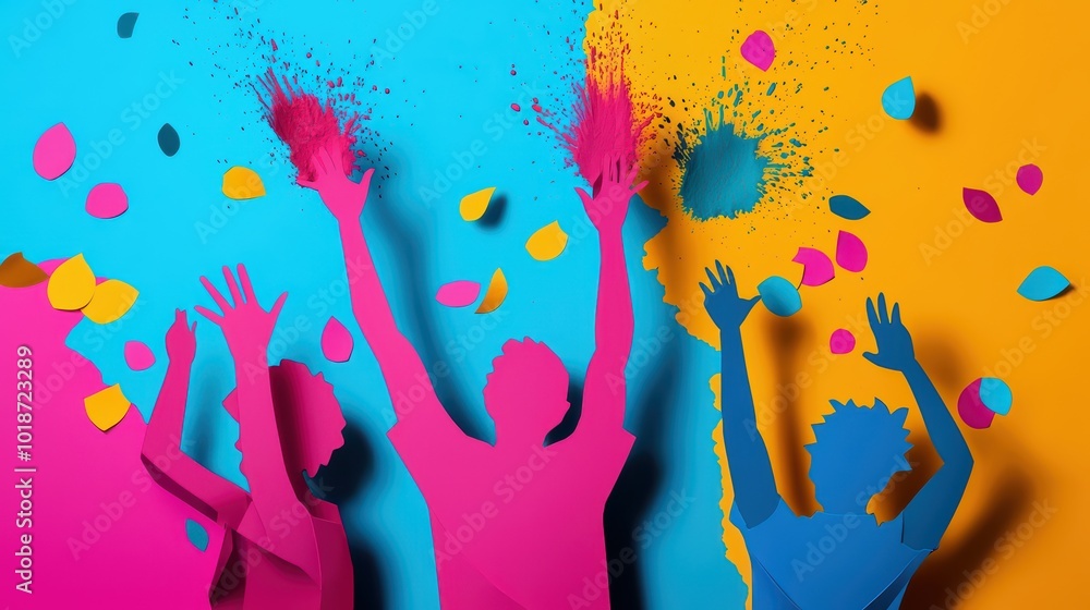 Colorful silhouette of joyful people celebrating with vibrant powder and flower petals in a festive atmosphere. Colorful silhouette of joyful people celebrating with vibrant powder and flower petals in a festive atmosphere.
