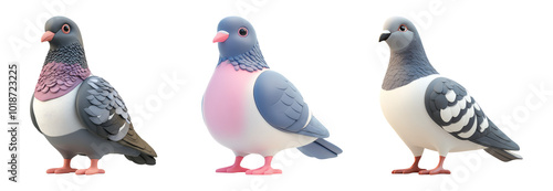 Colorful cartoon style pigeons in three views photo