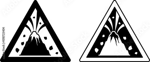 Signs Active Volcano Zone. Black and White Vector Icons. Prohibitory Road Sign. Danger Volcano Eruption