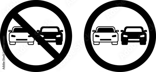 Signs Non Overtaking For Cars. Black and White Vector Icons. Prohibitory Round Road Sign. Movement, Vehicle