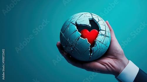 Hand holding a cracked globe with a red heart, symbolizing love and care for the world. photo