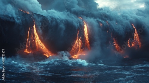 Lava Flowing into the Ocean with Smoke and Waves