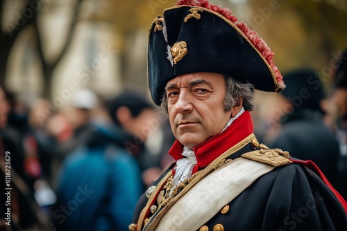 Man wearing a costume of Napoleon , the french historical emperor of France