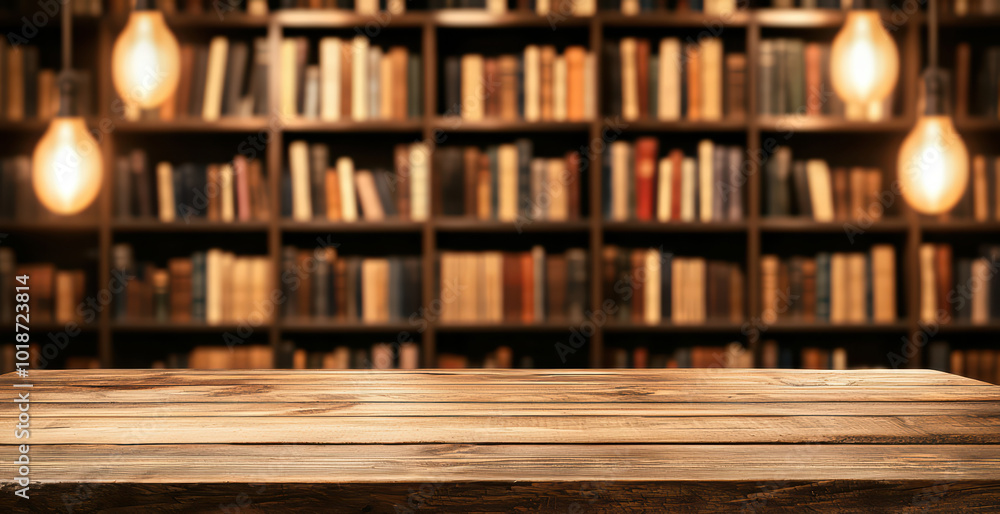 Cozy wooden table with illuminated bookshelves in the background, creating a warm and inviting reading atmosphere. Cozy wooden table with illuminated bookshelves in the background, creating a warm and inviting reading atmosphere.