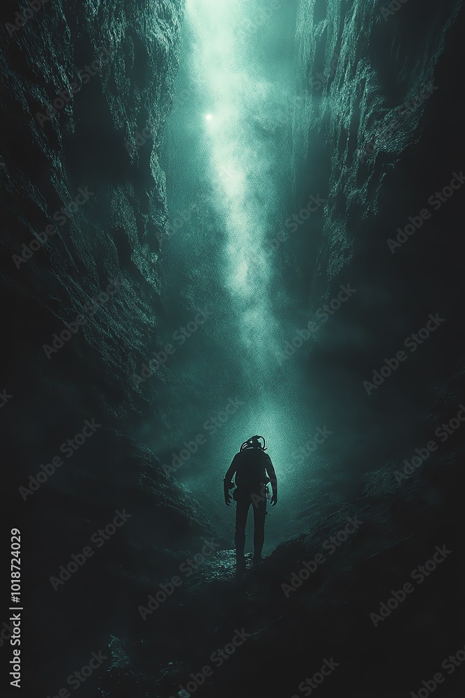 Fototapeta premium A diver explores the depths of an underwater canyon, surrounded by ethereal light and dark water, inspiring adventure and discovery.
