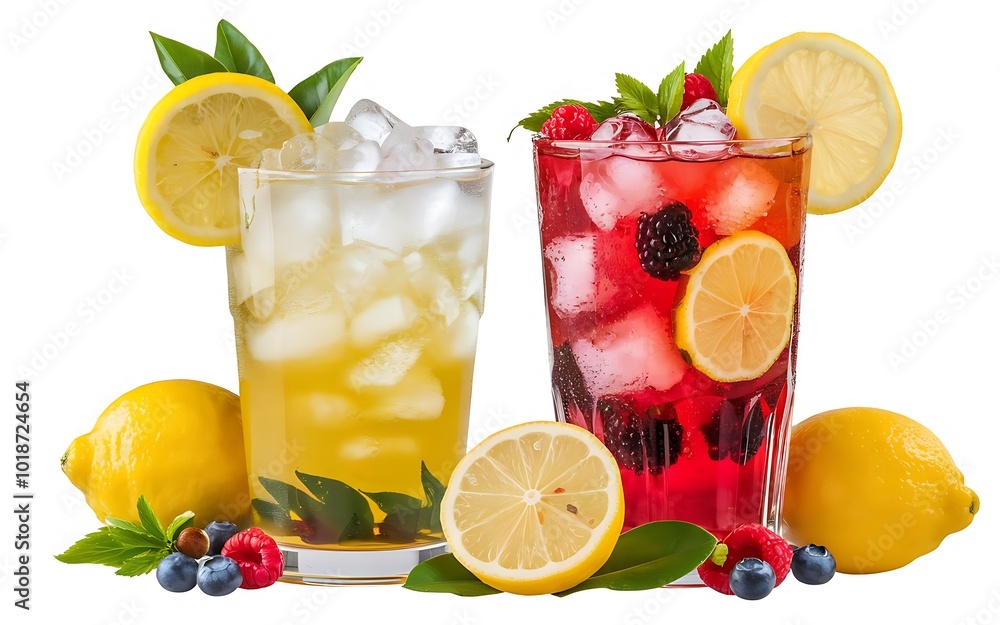 Chilled Perfection: Citrus Ice Tea & Berry Lemonade Collection isolated on white background Chilled Perfection: Citrus Ice Tea & Berry Lemonade Collection isolated on white background