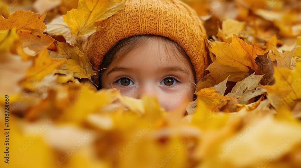 Little girl with a knitted hat lying in a pile of autumn leaves Generative AI Little girl with a knitted hat lying in a pile of autumn leaves Generative AI