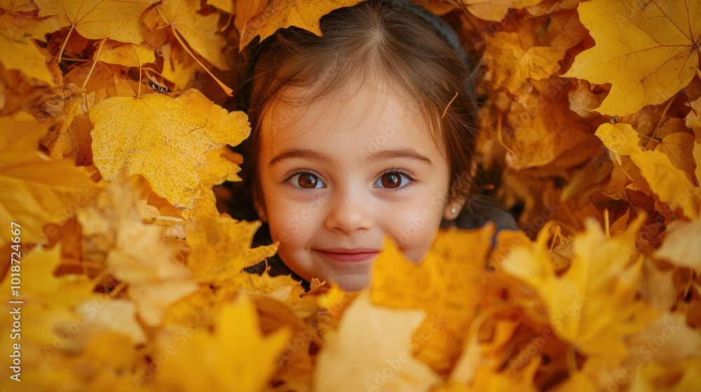 Little girl with a knitted hat lying in a pile of autumn leaves Generative AI Little girl with a knitted hat lying in a pile of autumn leaves Generative AI