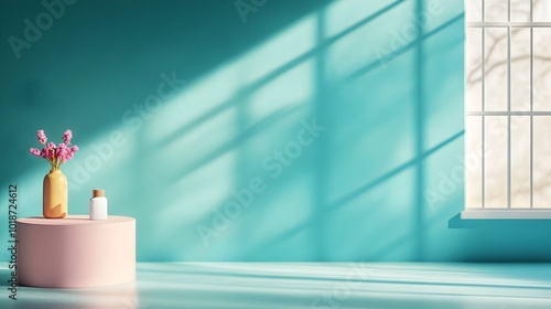 Vibrant turquoise 3D studio room with empty floor and wall product podium shadow overlay from window to countertop and sunlight mockup for digital product or interior design presentation