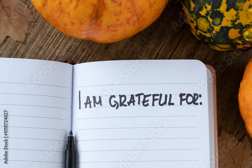Фотография I am grateful for, handwriting in notebook with pumpkin and autumn leaves on wooden table