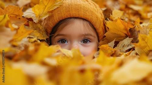 Little girl with a knitted hat lying in a pile of autumn leaves Generative AI