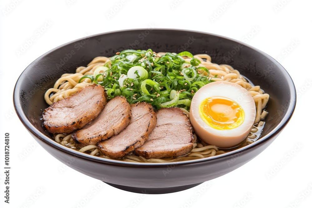 Delicious ramen bowl with tender pork slices, soft-boiled egg, and green onions, presented on a white background. Delicious ramen bowl with tender pork slices, soft-boiled egg, and green onions, presented on a white background.