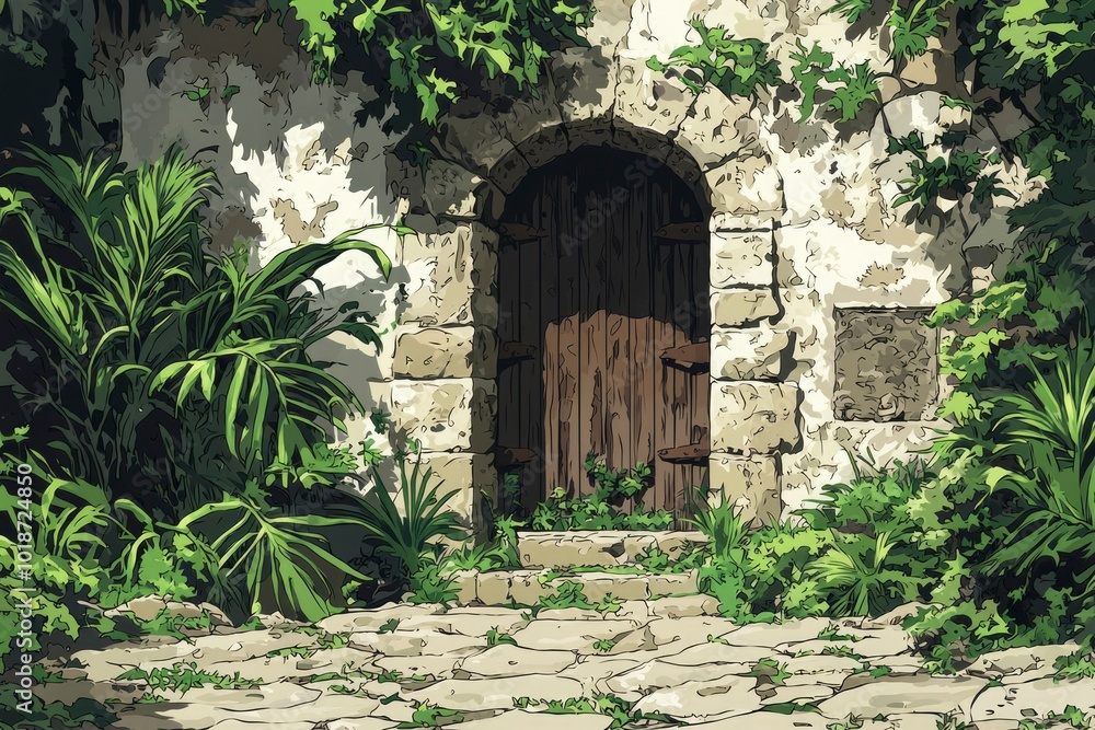 Naklejka premium Stone Pathway Leading to a Wooden Doorway in a Stone Wall Covered in Greenery