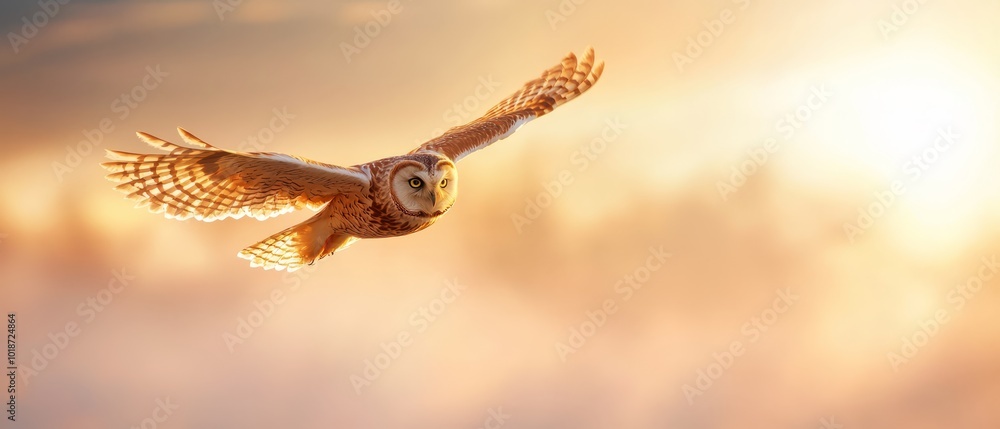 An owl flies against a backdrop of sun, clouds, and sky An owl flies against a backdrop of sun, clouds, and sky