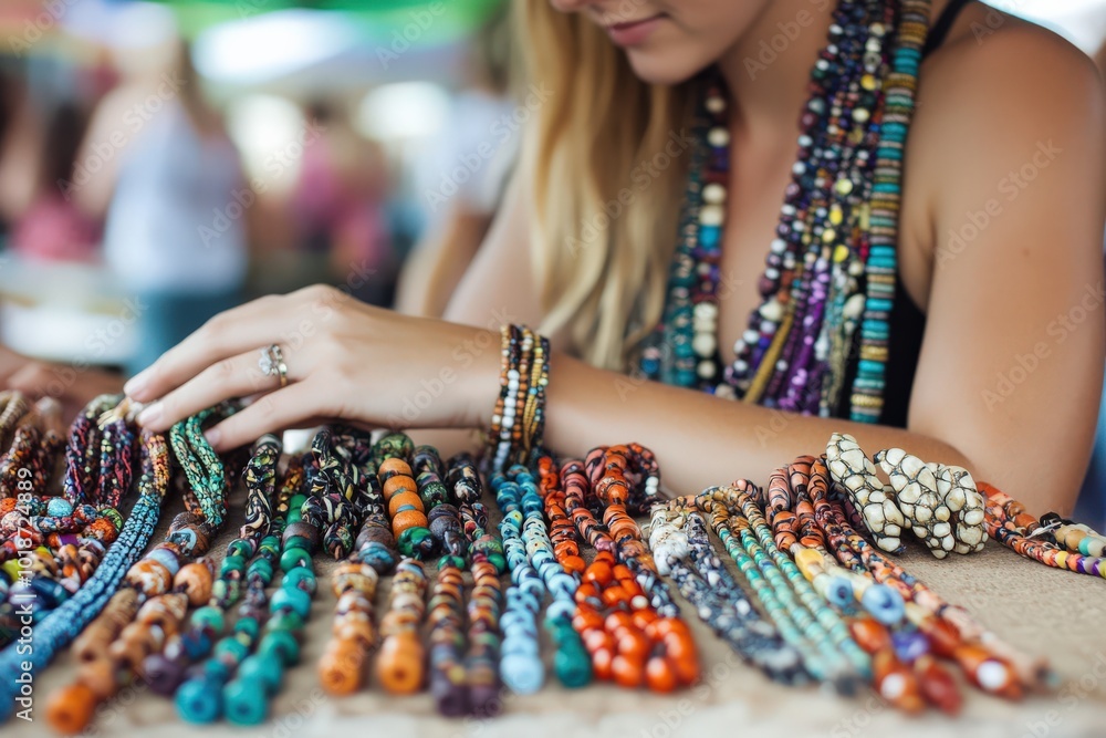 Craft Jewelry: Woman Selling Homemade Handcrafted Jewelry at Hippy Festival Market Stall Craft Jewelry: Woman Selling Homemade Handcrafted Jewelry at Hippy Festival Market Stall