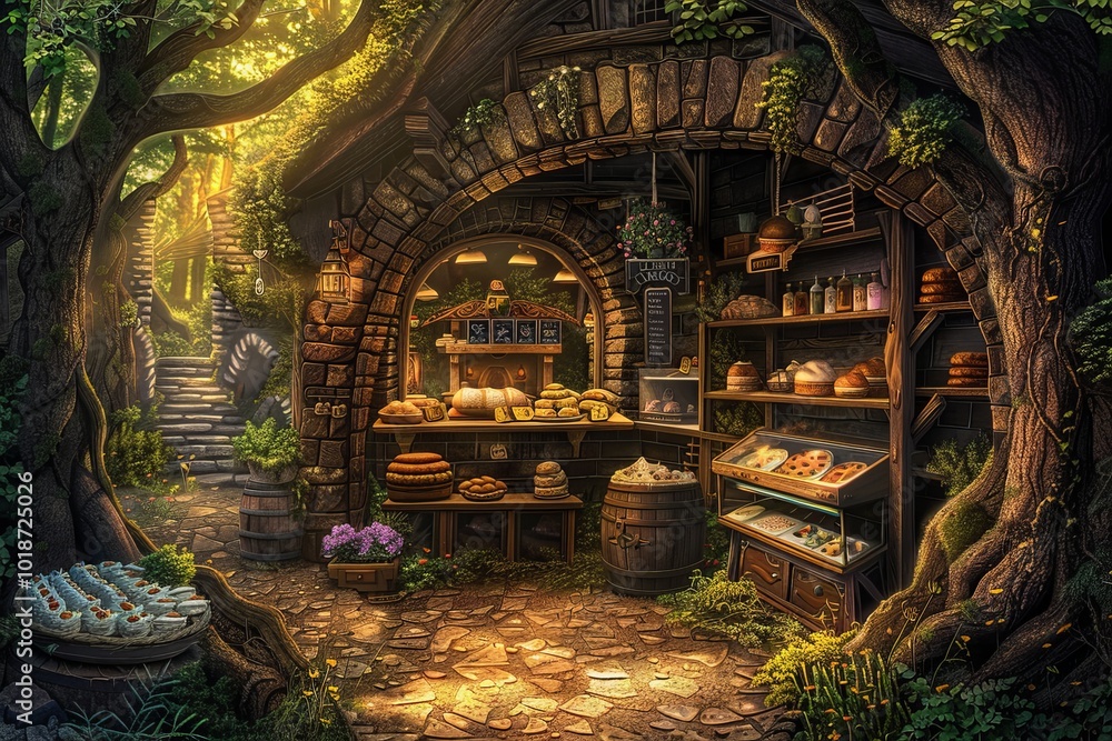 Obraz premium a digital art piece of a fantasy bakery in a magical forest