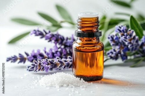 A detailed view of a lavender bottle with its label and cap