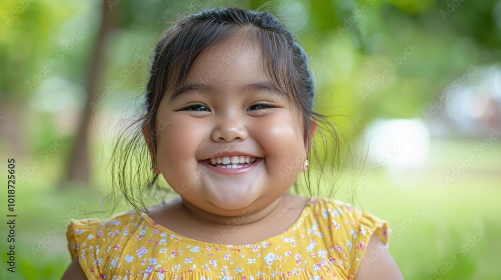 Smiling little girl in a yellow floral dress outdoors on a bright day Generative AI Smiling little girl in a yellow floral dress outdoors on a bright day Generative AI