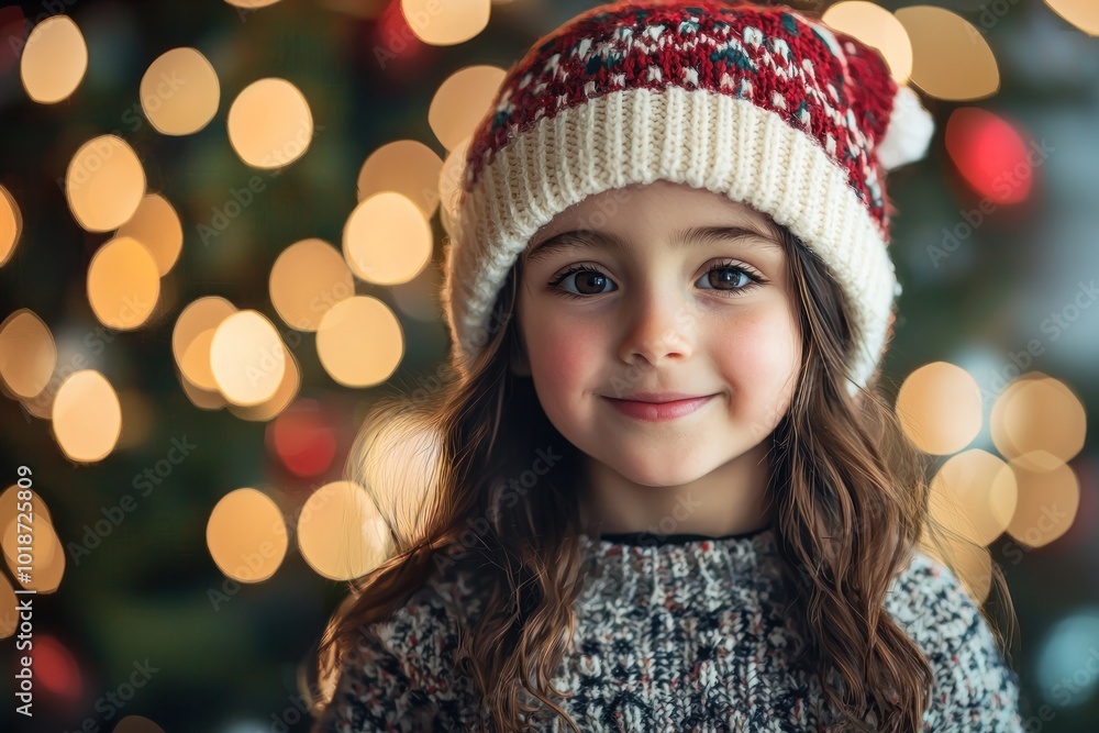 Adorable child in winter attire with knit hat and scarf, festive lights glowing in the background Generative AI Adorable child in winter attire with knit hat and scarf, festive lights glowing in the background Generative AI
