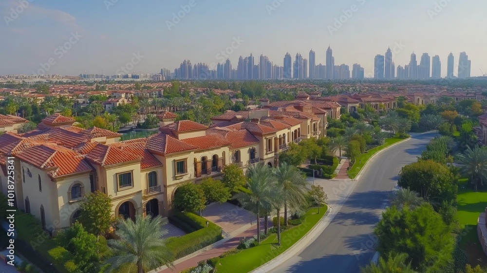 Fototapeta premium Aerial view of a luxury residential area with palm trees and a road winding through the neighborhood, with a modern cityscape skyline in the background.