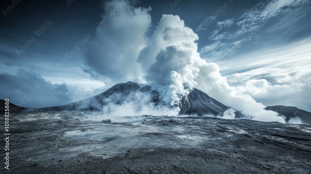 Volcanic Eruption with Smoke Plumes and Cloudy Sky Volcanic Eruption with Smoke Plumes and Cloudy Sky