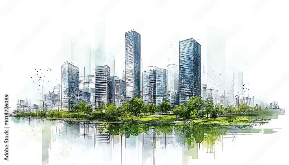 A modern city skyline surrounded by lush greenery and reflections in the water, showcasing harmony between nature and architecture. A modern city skyline surrounded by lush greenery and reflections in the water, showcasing harmony between nature and architecture.