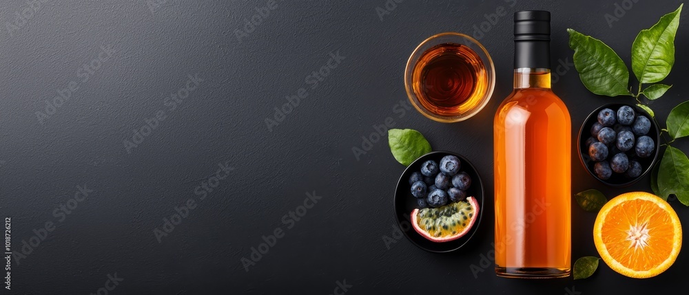 A bottle of orange juice, a bowl of blueberries, and a half orange on a black tabletop A bottle of orange juice, a bowl of blueberries, and a half orange on a black tabletop