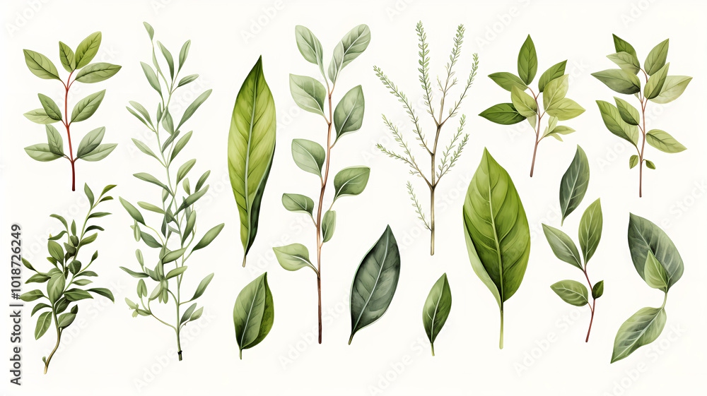 Naklejka premium Watercolor hand painted green plant branches and leaves