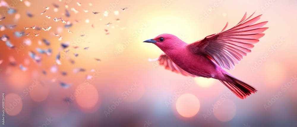 Obraz premium A pink bird flies through the air, carrying several tiny birds in its beak, against a blurred backdrop