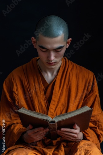 A person wearing an orange robe sits and reads a book, providing a moment of quiet contemplation photo