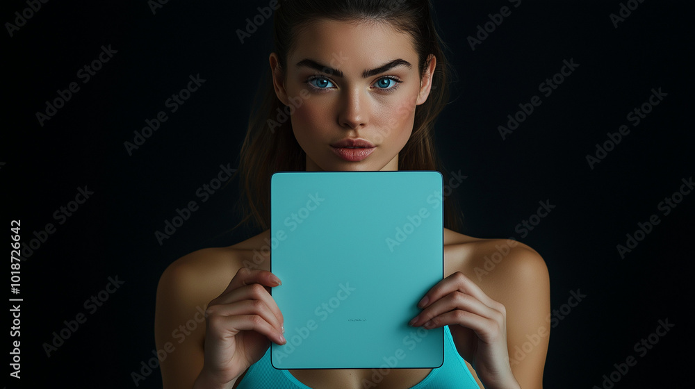 Young woman poses with a teal card in a dark studio, highlighting her intense gaze and athletic build during a creative photoshoot Young woman poses with a teal card in a dark studio, highlighting her intense gaze and athletic build during a creative photoshoot
