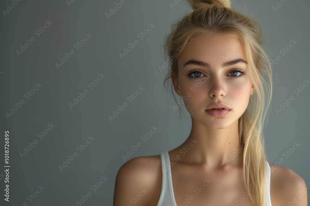 Portrait of a woman with uncombed top knot and relaxed facial expression Portrait of a woman with uncombed top knot and relaxed facial expression