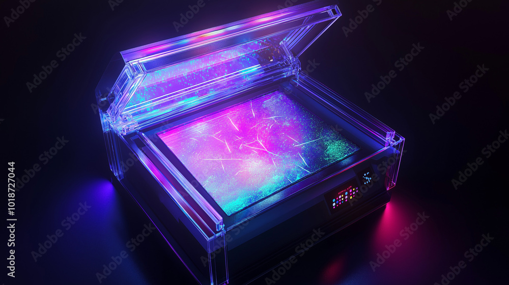 A futuristic device emits colorful neon lights in a dark setting, showcasing vibrant patterns and a sleek transparent design A futuristic device emits colorful neon lights in a dark setting, showcasing vibrant patterns and a sleek transparent design