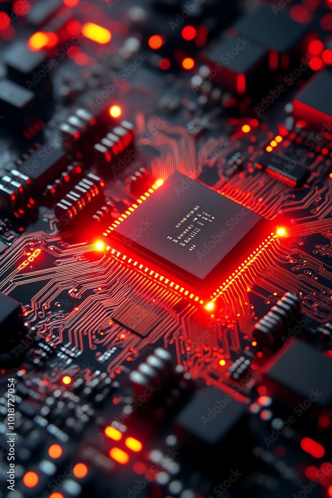 Close-up of a glowing red microchip on a circuit board, showcasing intricate electronic details and modern technology. Close-up of a glowing red microchip on a circuit board, showcasing intricate electronic details and modern technology.