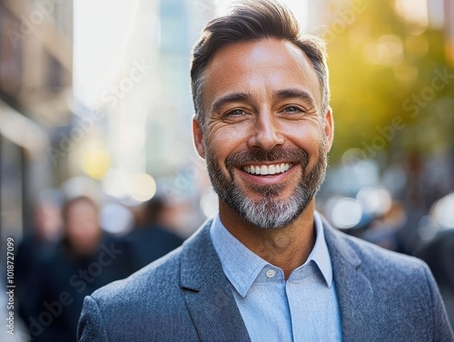 Smiling man in a suit, outdoor urban setting with blurred background.