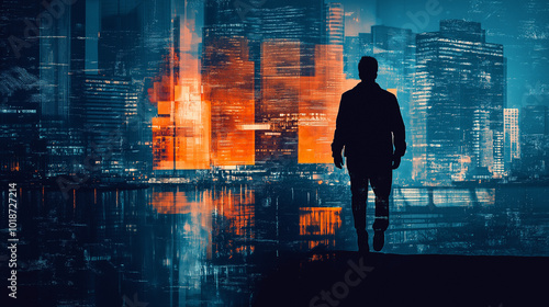 A lone figure walks towards a futuristic city skyline illuminated by vibrant lights at twilight