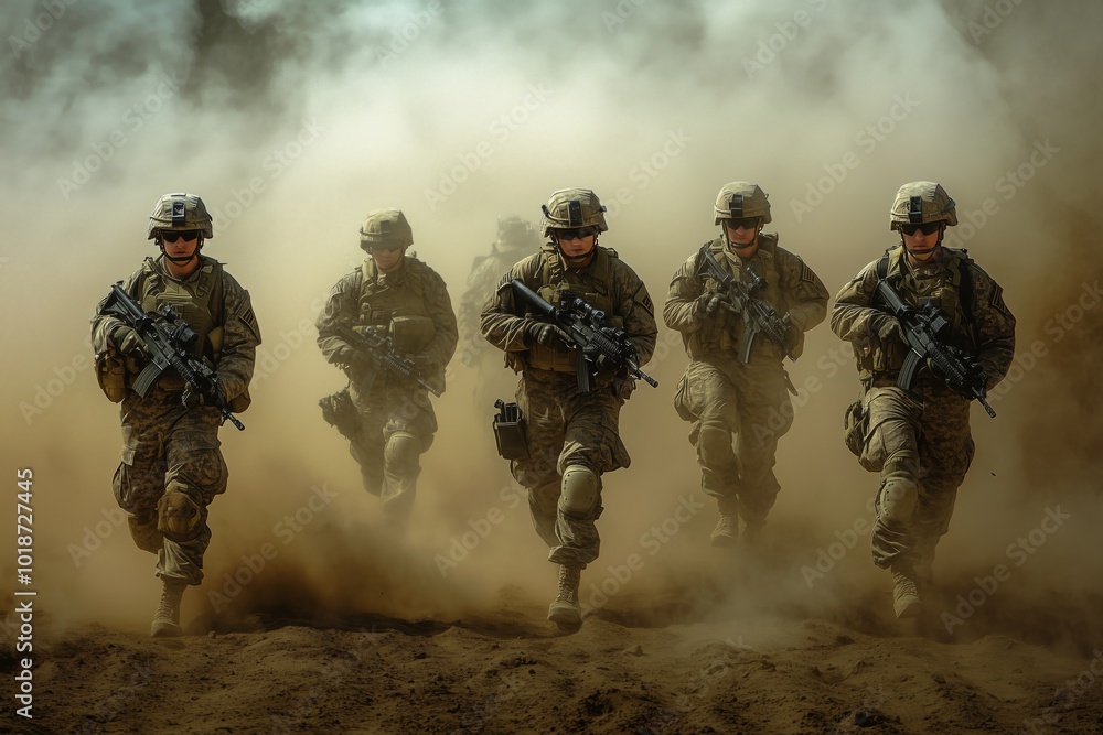 Several modern soldiers fully equipped facing the camera in a dusty and smoggy environment Several modern soldiers fully equipped facing the camera in a dusty and smoggy environment