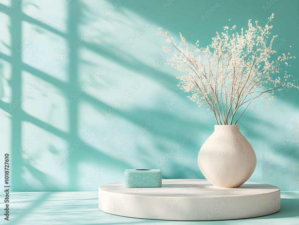 Tranquil aquamarine studio space with simple podium display on bare flooring soft window lighting casting shadows across the countertop a minimalist product render scene Tranquil aquamarine studio space with simple podium display on bare flooring soft window lighting casting shadows across the countertop a minimalist product render scene