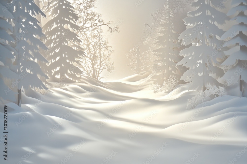 Fototapeta premium A serene snowy path surrounded by trees in a dense forest