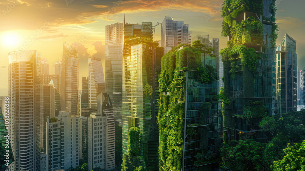 Obraz premium A city skyline featuring green architecture, with buildings covered in vertical gardens, solar panels, and sustainable materials