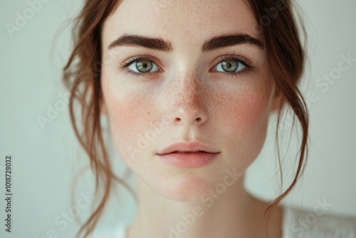 A close-up view of a woman's face with noticeable freckles photo