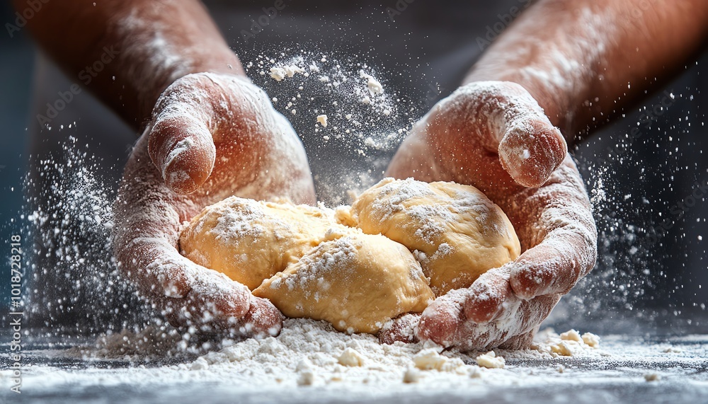 Fototapeta premium Hands holding fresh dough, surrounded by flour, capturing the essence of baking and culinary creativity.