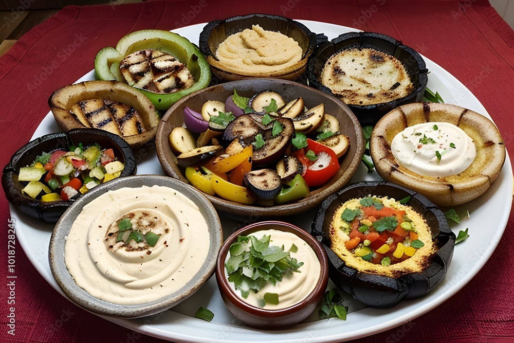 A colorful platter of grilled mushrooms, peppers, and eggplant, served with hummus, grilled vegetable platter, vegetarian appetizer A colorful platter of grilled mushrooms, peppers, and eggplant, served with hummus, grilled vegetable platter, vegetarian appetizer