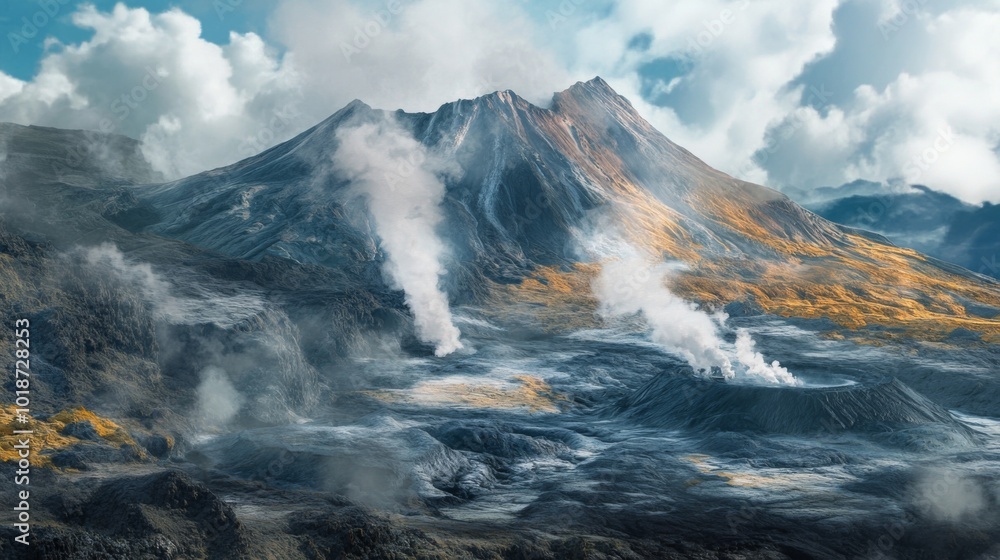 Naklejka premium A Volcanic Landscape with Steam Rising from Craters