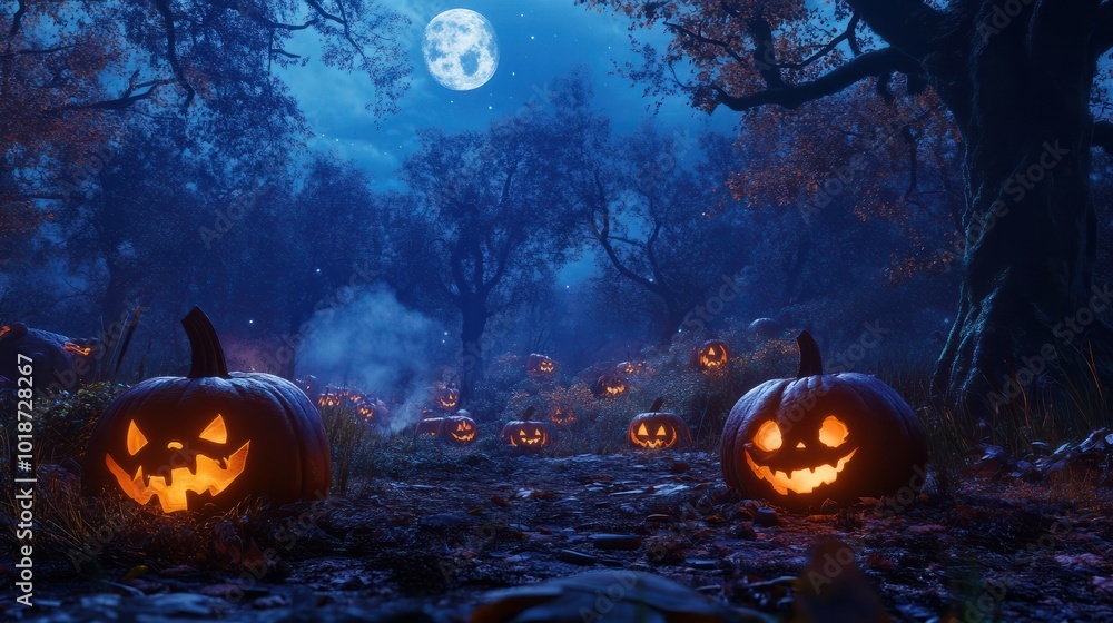 Jack oâ lanterns glowing at moonlight in front of spooky forest Jack oâ lanterns glowing at moonlight in front of spooky forest