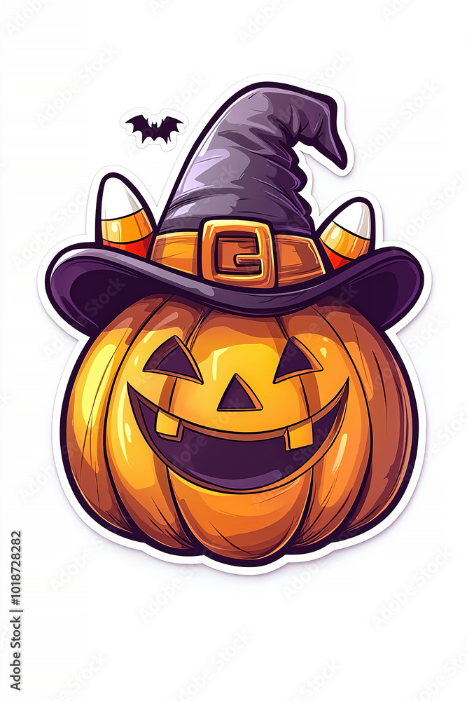 Fototapeta premium Sticker of a happy pumpkin with a witch hat