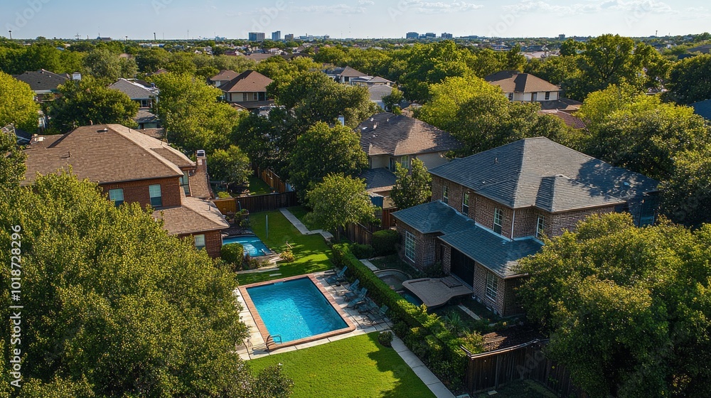 Aerial view of a suburban neighborhood with swimming pool and lush green trees. Aerial view of a suburban neighborhood with swimming pool and lush green trees.