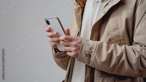 man with a white background and a cell phone in his hand 