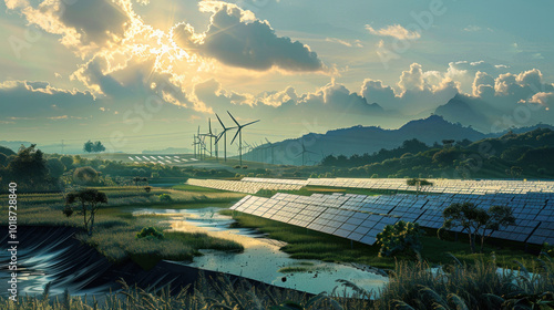 A clean energy project transforming a developing country, with solar farms and wind turbines providing sustainable power to rural and urban areas. Bright, forward-looking tone.