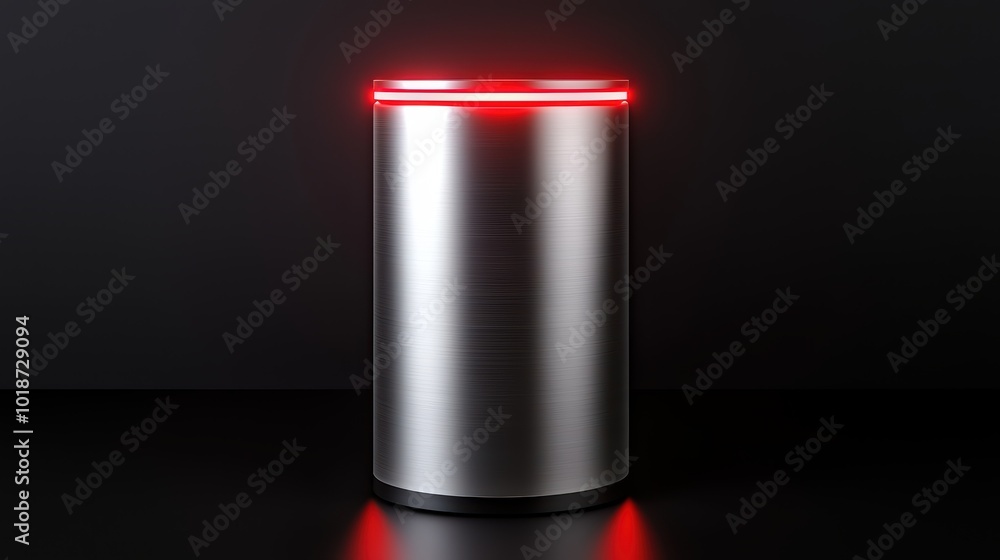 Sleek metallic trash bin with glowing red LED light on a dark background. Sleek metallic trash bin with glowing red LED light on a dark background.